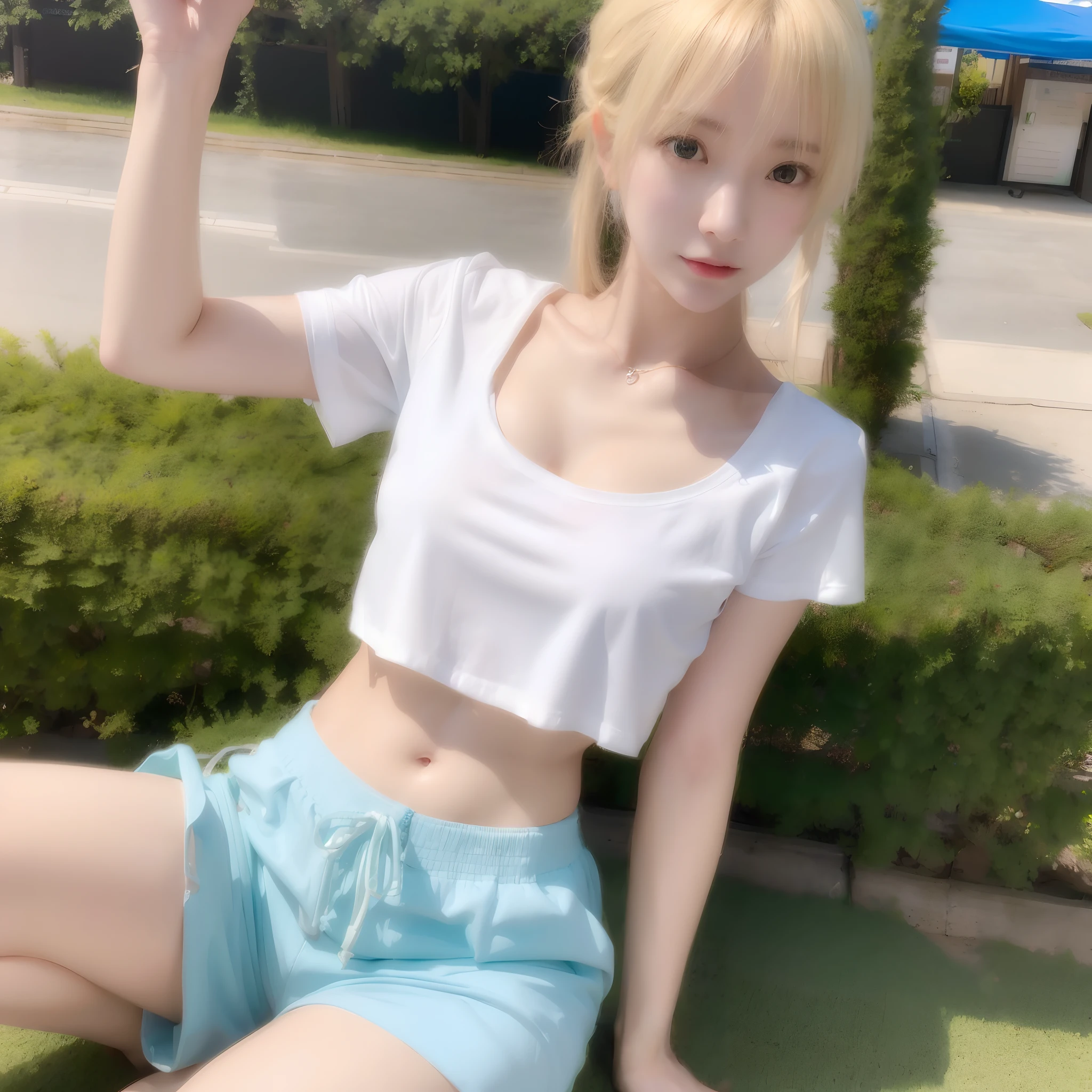 NSFW、high quality、Beauty、cute、Skinny、A Cup、Blonde、long、Summer clothes、skirt、pants、Panty shot、skirtをたくし上げてpantsを見せている、