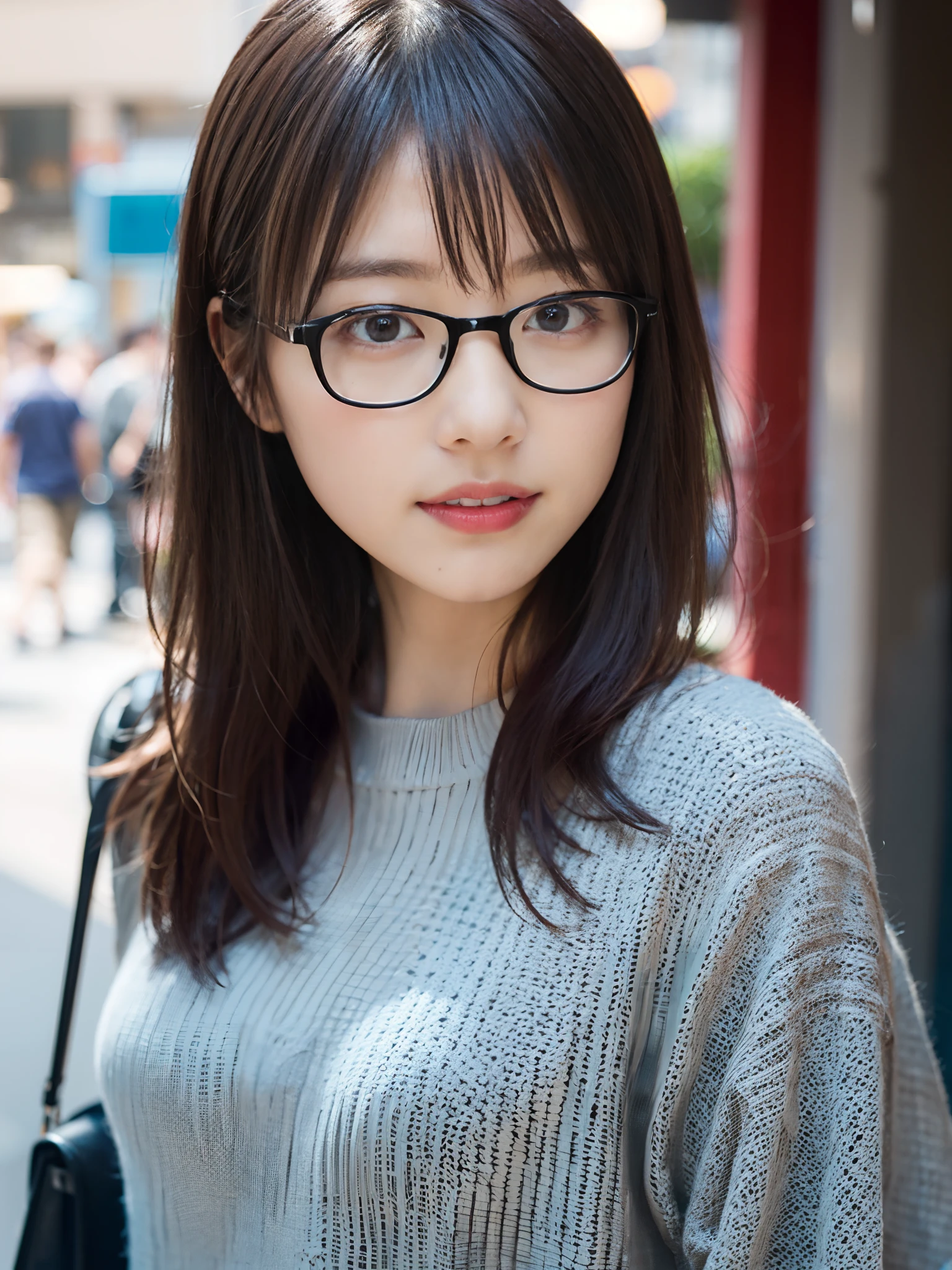 (8K、Raw photography、top-quality、masterpiece:1.2)、(realisitic、Photorealsitic:1.37)、ultra-detailliert、超A high resolution、女の子1人、see the beholder、beautifull detailed face、A smile、Constriction、(Slim waist) :1.3)、blancheTThe shirt、Beautiful detailed skin、Skin Texture、Floating hair、Professional Lighting、In the street、Rimmed glasses、Whole human body、Brown hair