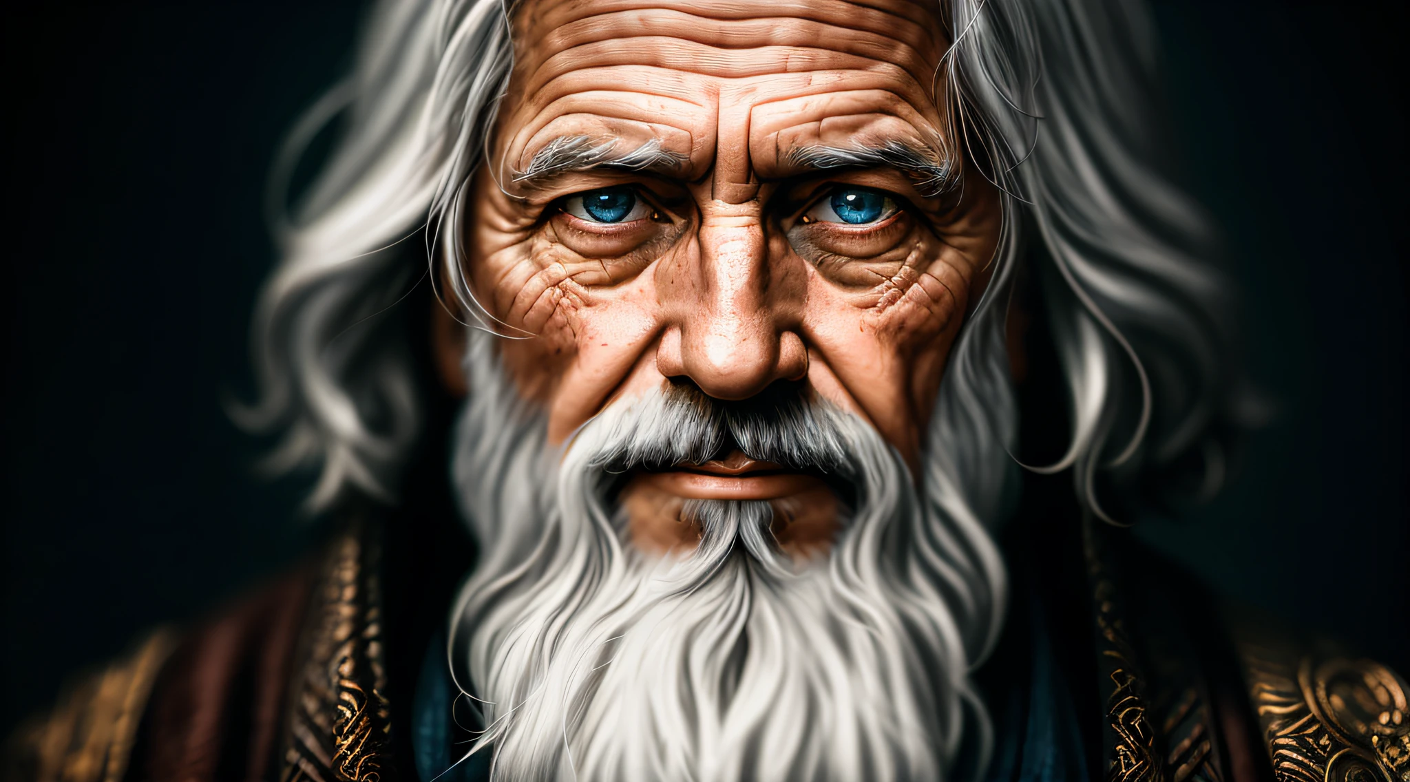 A portrait of a wizard, bearded, wrinkled, weathered, with piercing eyes, detailed face, high details, photography, dark studio, rim light, Nikon D850, 50mm, f/1.4