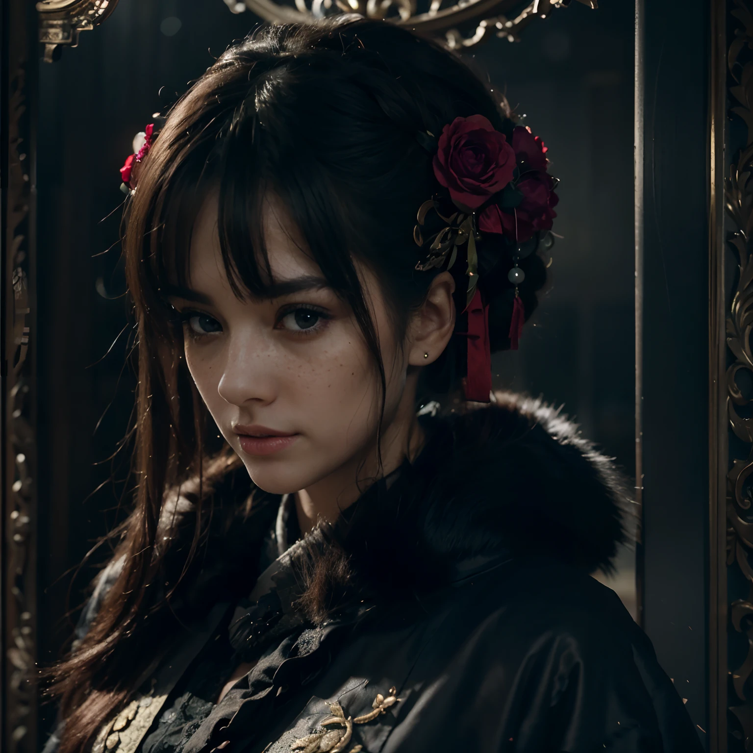Official Art, Unity 8k wallpaper, super detailed, beautiful, beautiful girl, focused on detailed face, has a few freckles, wearing black clothing, masterpiece, best quality, dark, atmospheric, mystical, romantic, creepy, literature, art, fashion, show era, decoration, intricacies, fur products, lace, contemplation, emotional depth, supernatural, kimono 1girl, solo, neck, bust composition, Realistic, bokeh, lens_flare,Natural light,portrait,Grey Film filter,(KODAK Ektar 100:1.2)