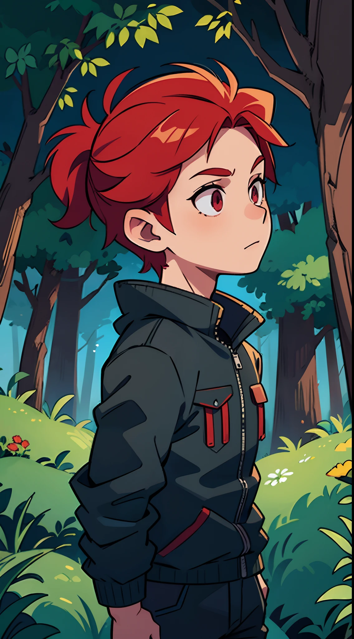1 red haired male character in the forest at the night time, wearing a black jacket