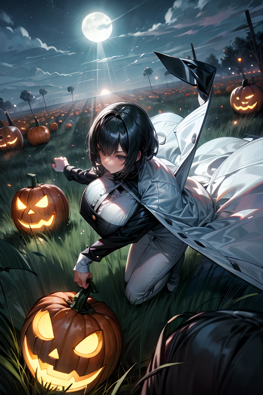 female farmer wearing white clothes, Fighting Jack-o'-lantern, Field at night, fully clothed, giga_busty