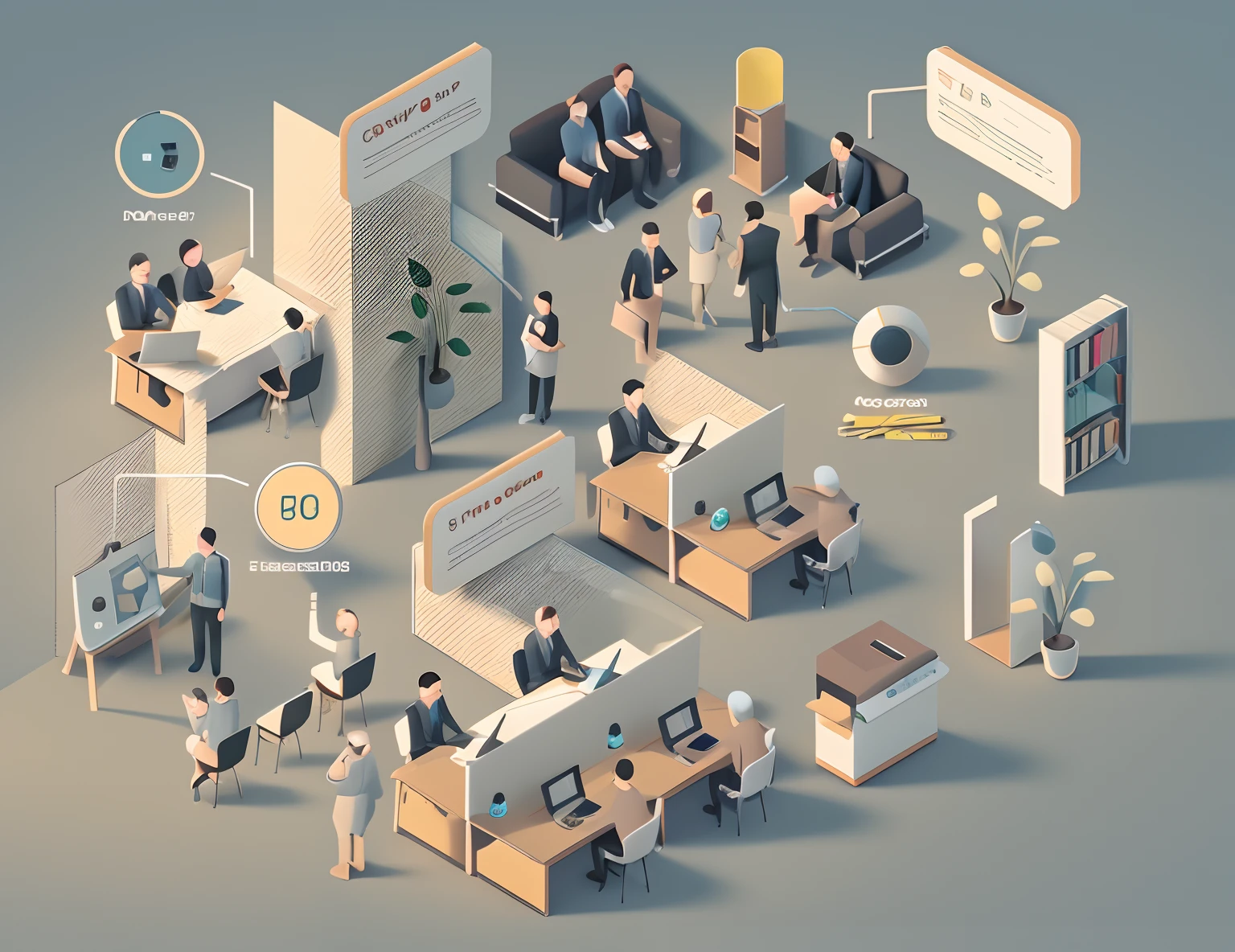 A group of people work in an office,Hold a laptop and other office supplies, isometric illustration, Flat illustration, isometric design, Isometric style, Detailed 2D illustration, isometric 8k, corporate animation style, 3d isometric, 3 d isometric, Detailed illustration, isometric illustration fun, A illustration, Accurate isometric viewpoint