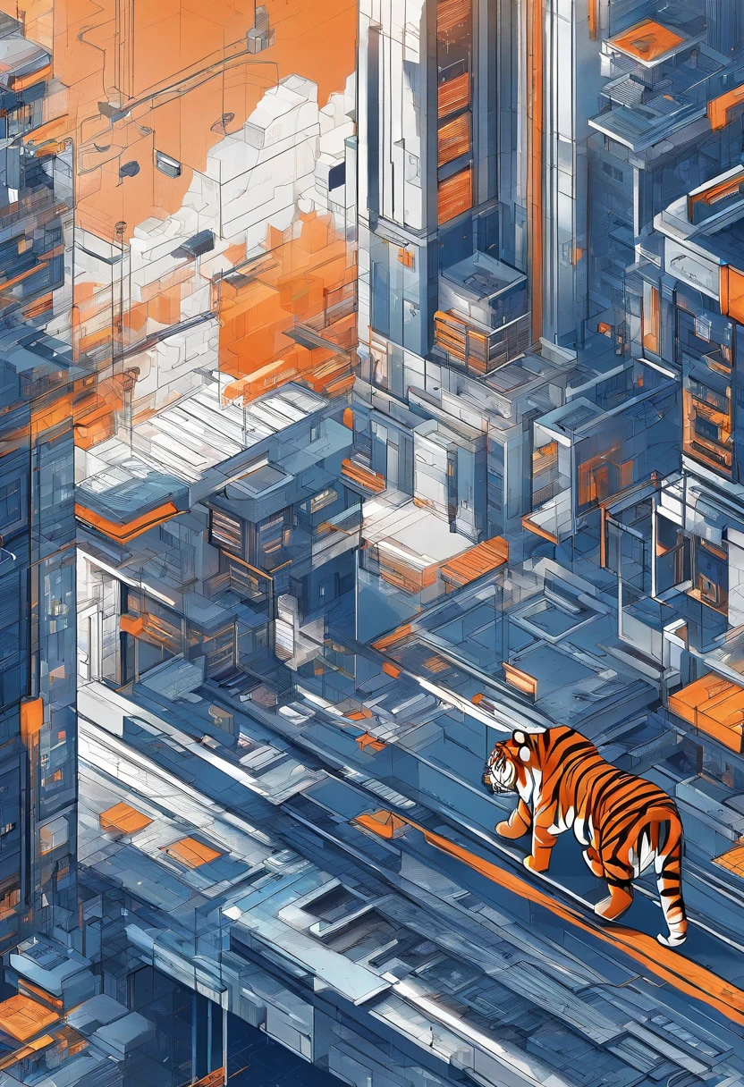 "Theme: Tiger, Main Color: Blue, Secondary Color: Orange, Background: Black, Style: Cyberpunk, Shapes: {Shapes}, Textures: {Textures}, Lines Description: {Lines Description}, Form Description: {Form Description}"