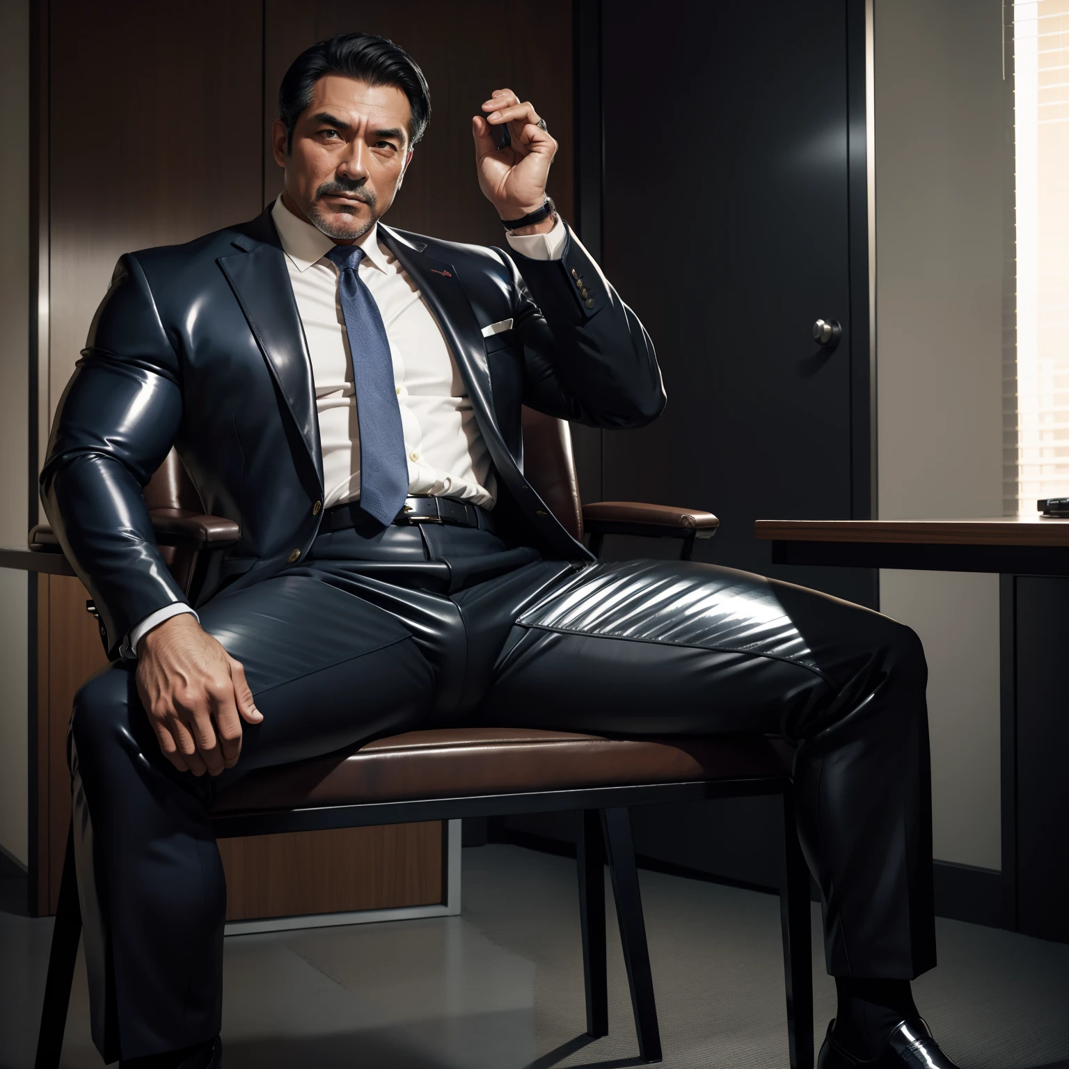 50 years old,daddy ,shiny suit ,Dad sat on a chair full body,k hd,in the office,big muscle, gay ,black hair,asia face,masculine,strong man,the boss is,handsome,sex,leather gloves,lecherous dad,look straight ahead,dad is handsome,dad is hot man,dad is erection,dad is sex dad,dad wears chelsea boots man