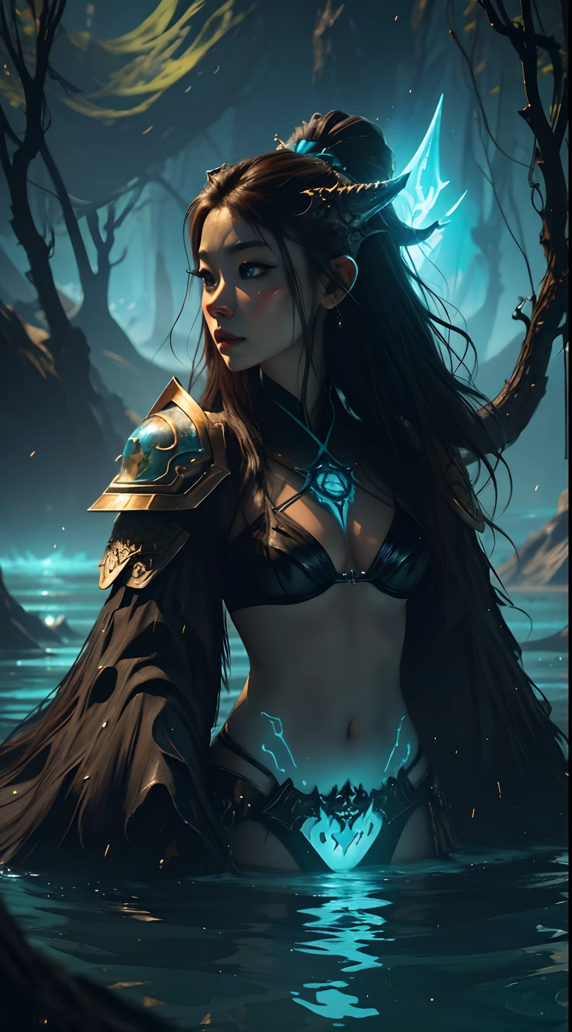 a woman in a bikini standing in a swamp, cyberpunk art, inspired by Marek Okon, fantasy art, wow 4 k detail fantasy, a beautiful sorceress, wlop and andrei riabovitchev, the style of wlop, painting of a woman in a bikini, inspired by rossdraws, fantasy art, beeple and jeremiah ketner, karol bak uhd, queen of the sea mu yanling, yanjun chengt close up of a lion on a body of water, Artstation contest winner, fantasy art, world of warcraft armor, blue face unreal engine, russian shaman, discord profile picture, horned god, blue glowing eyes, arrogant look, queen of the sea mu yanling, avatar image