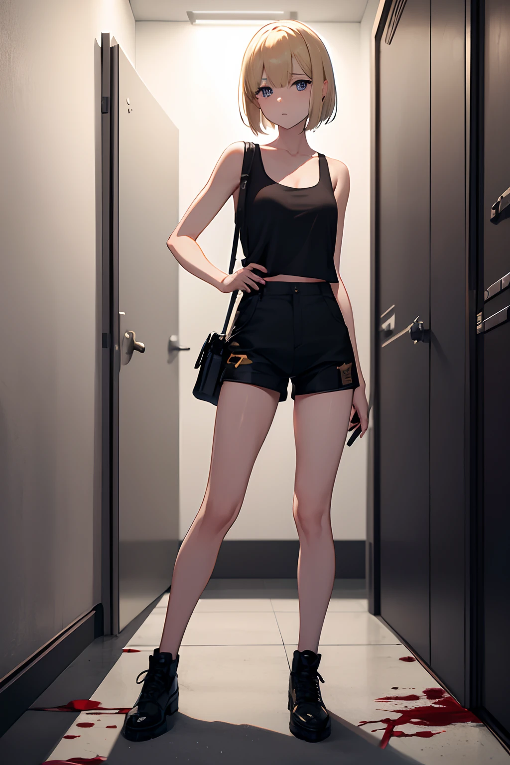 Hiding in the toilets of military bases、Holding a gun、Blood stains on the floor and walls、Bullet holes in the wall、People who are bleeding and falling、cute blonde girl、cute face、elegant sleek smooth body、full body Esbian、Short bob hair、a blond、blue eyes、Black tank top、sexy black shorts、Wearing black shorts
