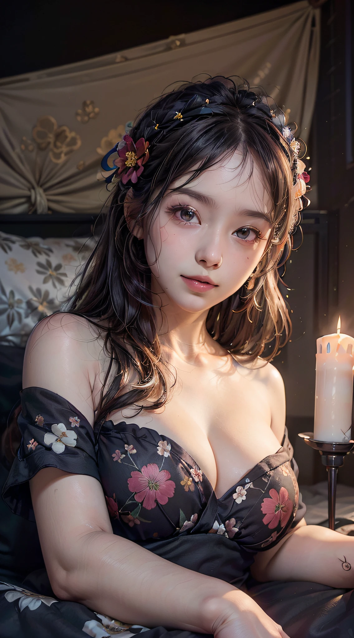 1girl in, Extremely cute face, Amazing face and eyes, (Highly detailed eyes, Highly detailed face), fresh, Very clean appearance, (Hyper-realistic, hight resolution), (Best Quality:1.4), Raw photo, (Realistic, Photorealsitic:1.37), Professional Photography, (floral pattern yukata:1.25), (Amazing big:1.1), (Open yukata), (Bare shoulders), Smile slightly, (Lying face down on a futon:1.5), (Staring at me), Bedroom, futon bedding, PILLOWS, Floral Screen, Relaxing, (It's pitch black in the bedroom:1.6), (Only the brightness of one candle:1.5),
