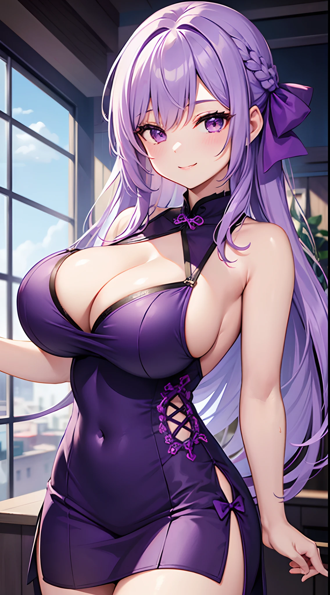 1 girl, game CG, topless short purple cheongsam, cleavage visible, hair ribbon, gigantic breasts, light purple hair, long hair, french braid, purple eyes, smile,