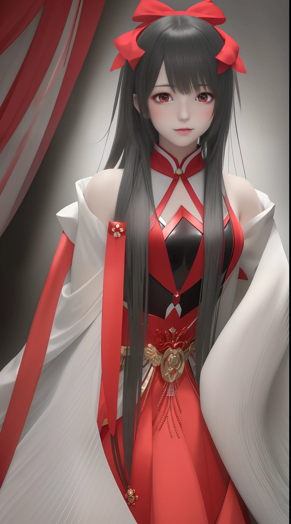 Anime girl in red dress with white mask and red bow, Anime art wallpaper 8 K, beautiful and seductive anime woman, grayscale phtoto with red dress, by Yang J, Beautiful anime woman, 8K high quality detailed art, Fantasy art style, 4K anime wallpaper, style of anime4 K, Extremely detailed Artgerm, Anime art wallpaper 4 K