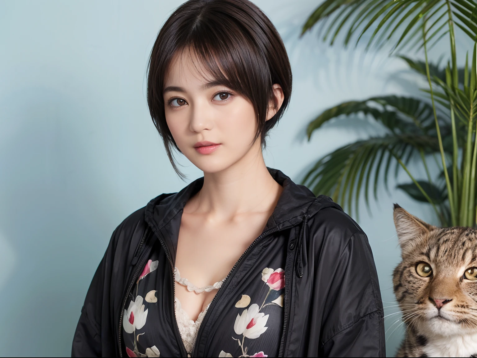 60
(a 20 yo woman,is standing), (A hyper-realistic), (Masterpiece), ((A dark-haired、short-hair:1.3)), (breast), Gentle expression, (Clothing printed with wild animal characters)