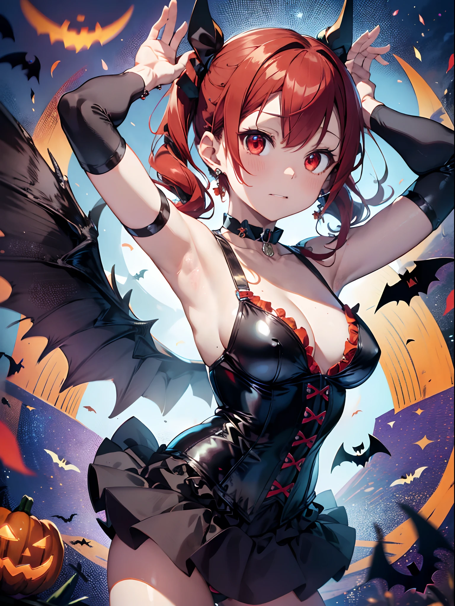 ((masutepiece, Best Quality:1.2)), Official art, (Fractal Art:1.1), Solo ((rabbit pose:1.4)), ((Red-haired, shorttwintail, Black wings of the little devil on the back, Black Rabbit Mimi:1.2)), BREAK, (Beautiful Anime Face, Cute face, Detailed face), Red Eyes, Jewelry, earrings,((short twintails)), Piercing, ((Detailed Halloween Bikini, Intimidating corset choker,Little Devil's Tail:1.1)), nice appearance, detailed clothes, ((Halloween Mini Skirt)), ((small tits)), with intensely mesmerizing red eyes、Happy Halloween Town Tonight、rabbit pose,Arms up、jack-o-lanterns, Arms up