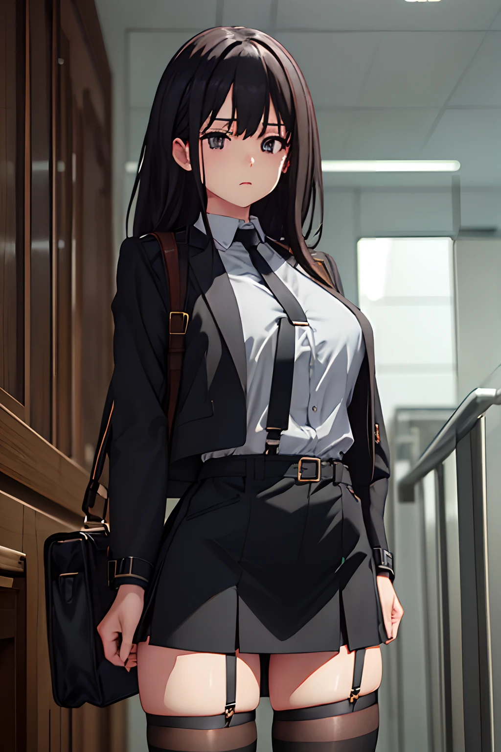 Suit,Collared shirt,Belt bag,Suspenders Black Miniskirt garterbelts knee high Stockings Black Niso Colorcon armpit sweat perspiring Side of both hands,Black jacket,Gaze,ample bosom,Armpit sweat,Exposing the armpits"Tight clothes、Cuffed、wristbands