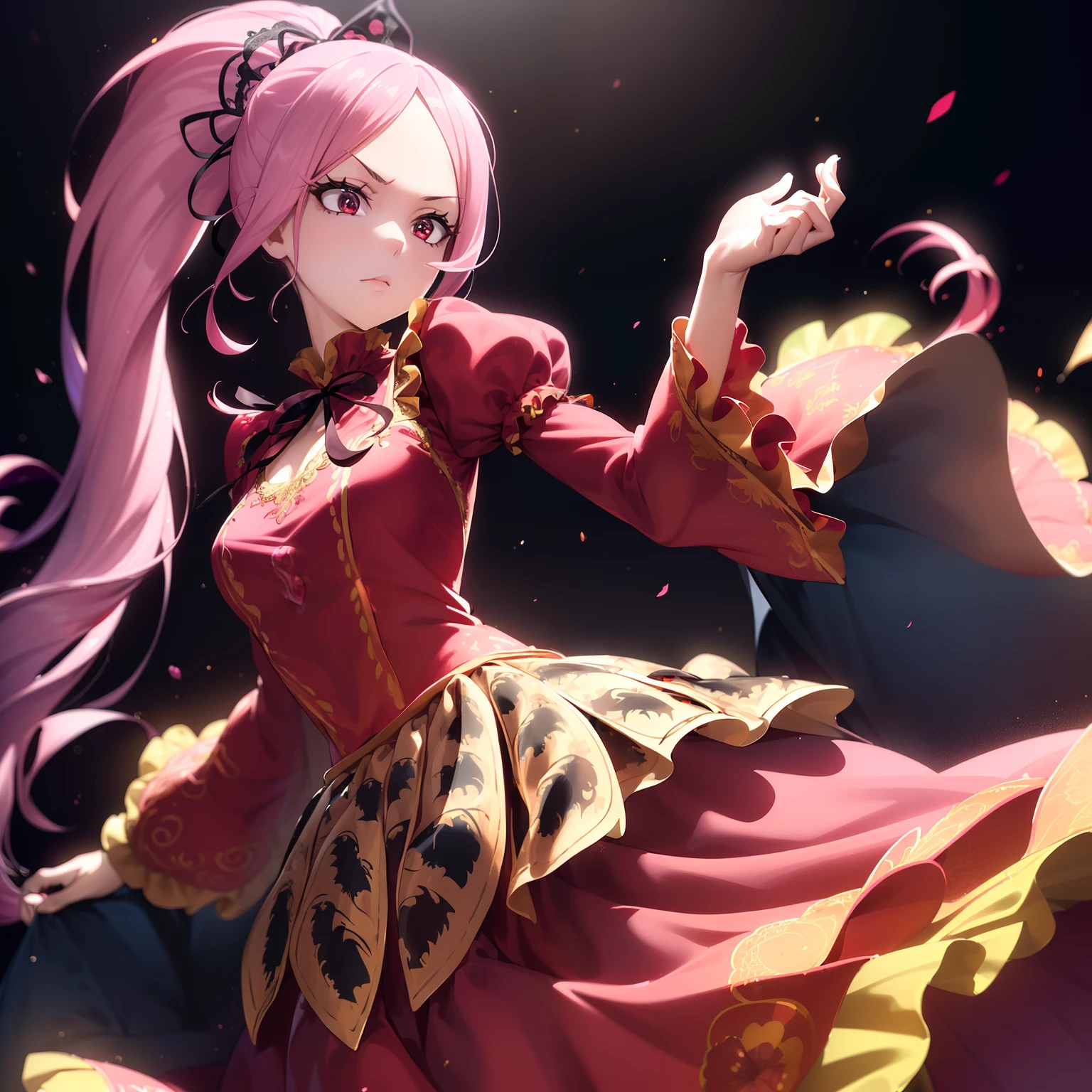 (masutepiece, Best Quality:1.2), Extremely detailed, detailed hairs, Soft skin,

1girl in, Solo, Upper body,(Halloween, squash, fancy dress)
A pink-haired, verd s eyes, Long hair, High Ponytail, Long ponytail,

Red Eyes, long eyelashes, thick eyelashes, Looking at Viewer,

Red dress, backless dress, ornate dress, Puffy skirt, Long skirt, Puffy sleeves, juliet sleeves, Long sleeves,

,

Black background,