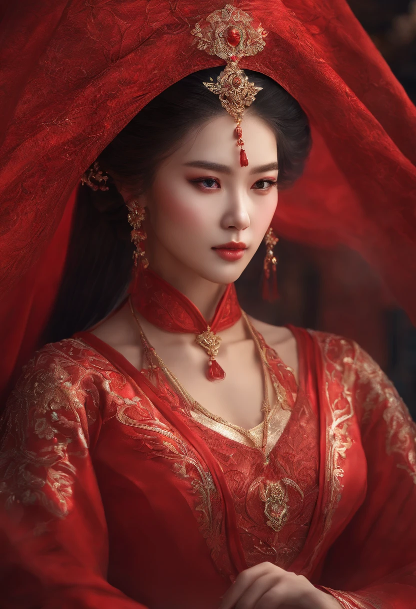 a close up of a woman in a red dress with a veil, a character portrait inspired by Lan Ying, cgsociety contest winner, Fantasy art, a beautiful fantasy empress, Palace ， A girl in Hanfu, The art in the style of Guvez