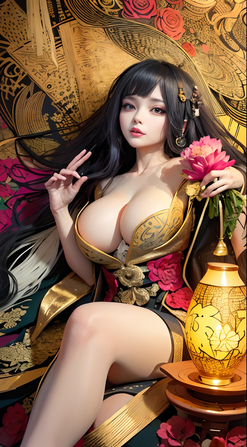 (tmasterpiece,top Quority,best qualtiy,offcial art,Beautiful and aesthetic:1.2),(1girll),Extremely detailed,Colorful,highestdetailed,offcial art,统一 8k 壁纸,ultra - detailed,Beautiful and aesthetic,big breasts beautiful,tmasterpiece,best qualtiy,(zentangle,datura,Tangles,entangled),holy rays,gold foil,Gold leaf art,glitter drawing,PerfectNwsjMajic,delicated face,Elaborate Eyes