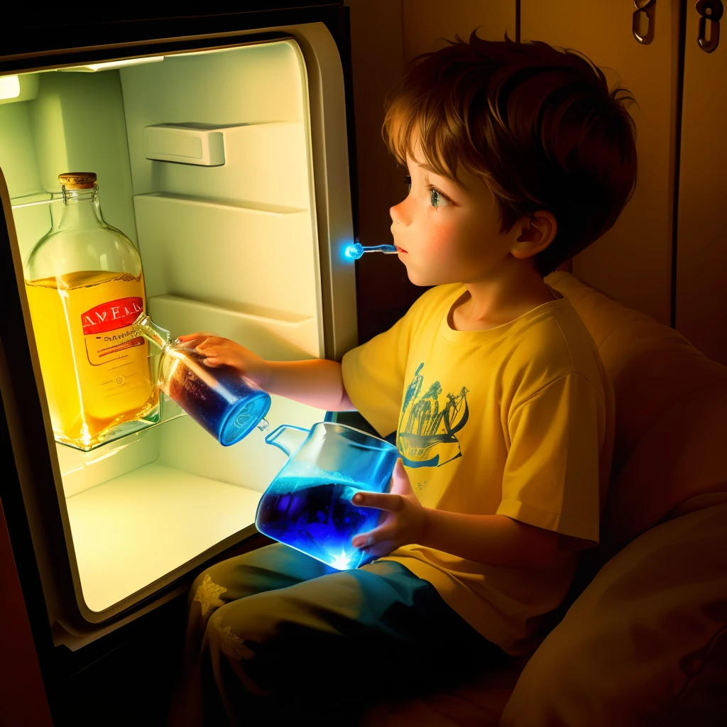 A Tom drinks a mysterious glowing portion in a glass bottle that has been accidentally placed in a sitting room's refrigerator