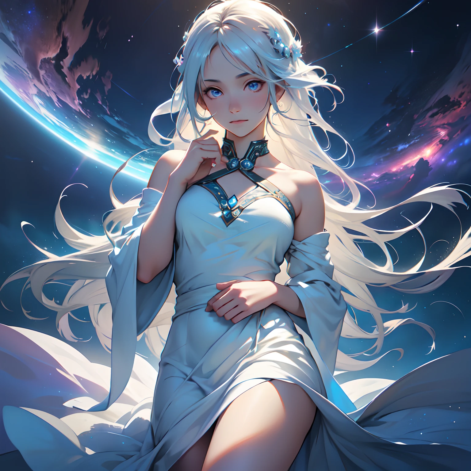 "An ethereal princess floating in space. She wears a gown made of shimmering stars, with a soft glowing aura surrounding her. Her expression is serene yet powerful, with deep eyes that reflect the wisdom of the cosmos. In the background, countless stars and a few bright galaxies are visible."