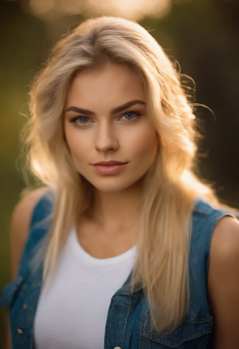 Very beautiful 22 year old blonde wearing a t-shirt looking straight into the camera