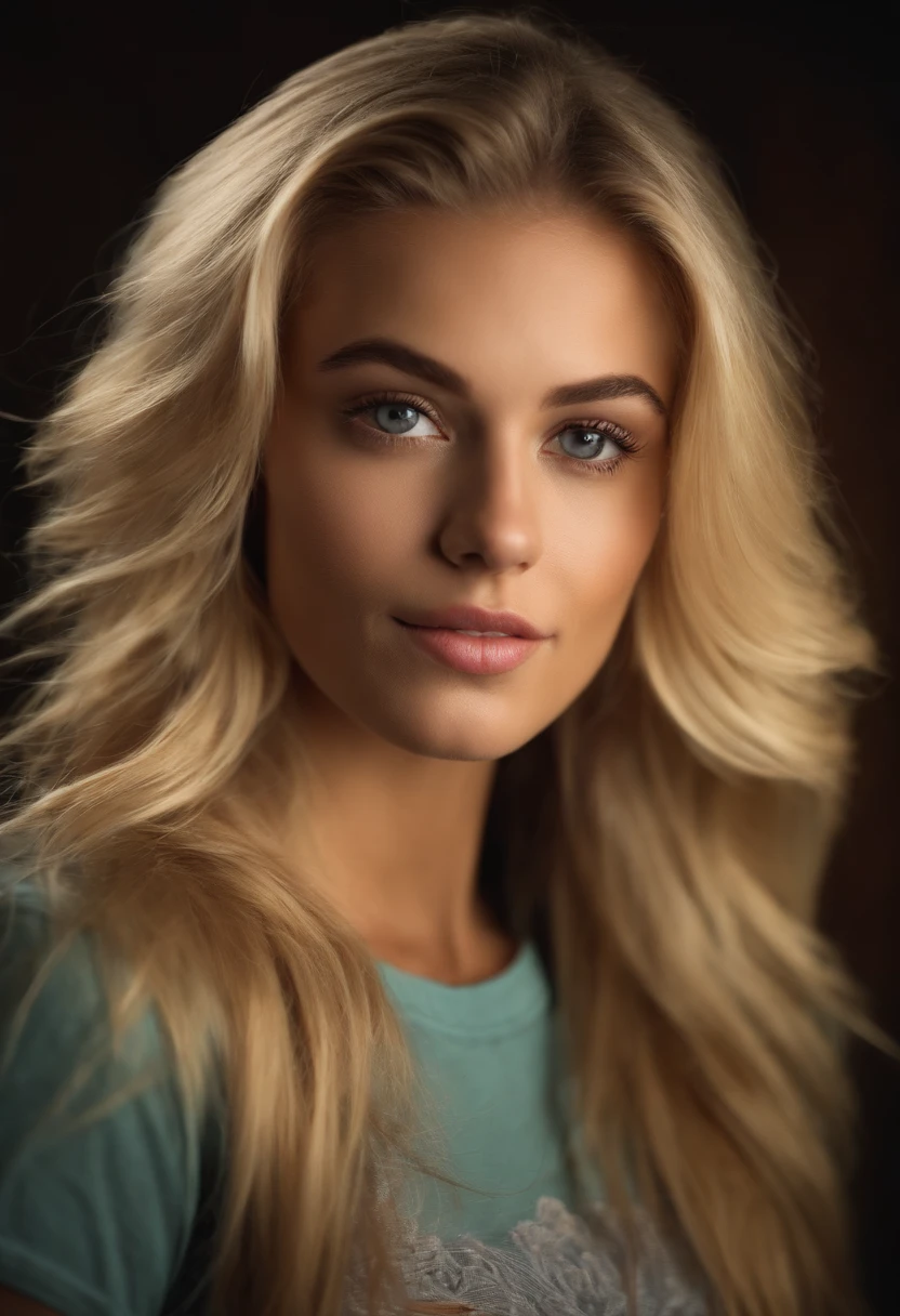 Very beautiful 22 year old blonde wearing a t-shirt looking straight into the camera