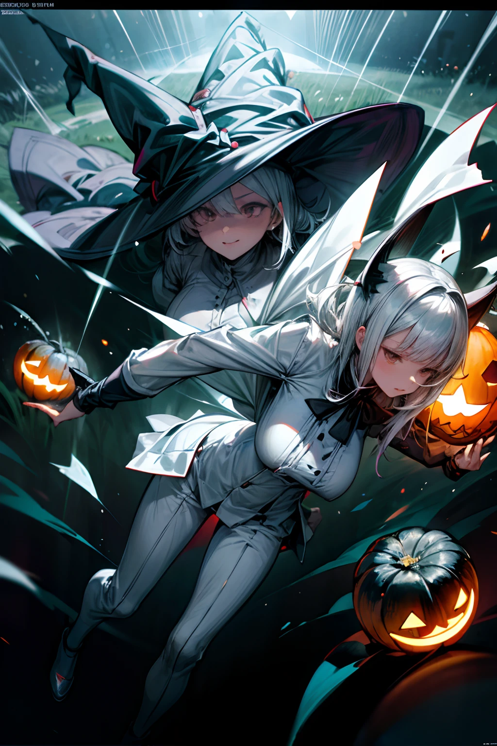 witch wearing white clothes, Fighting Jack-o'-lantern, Field at night, fully clothed, giga_busty