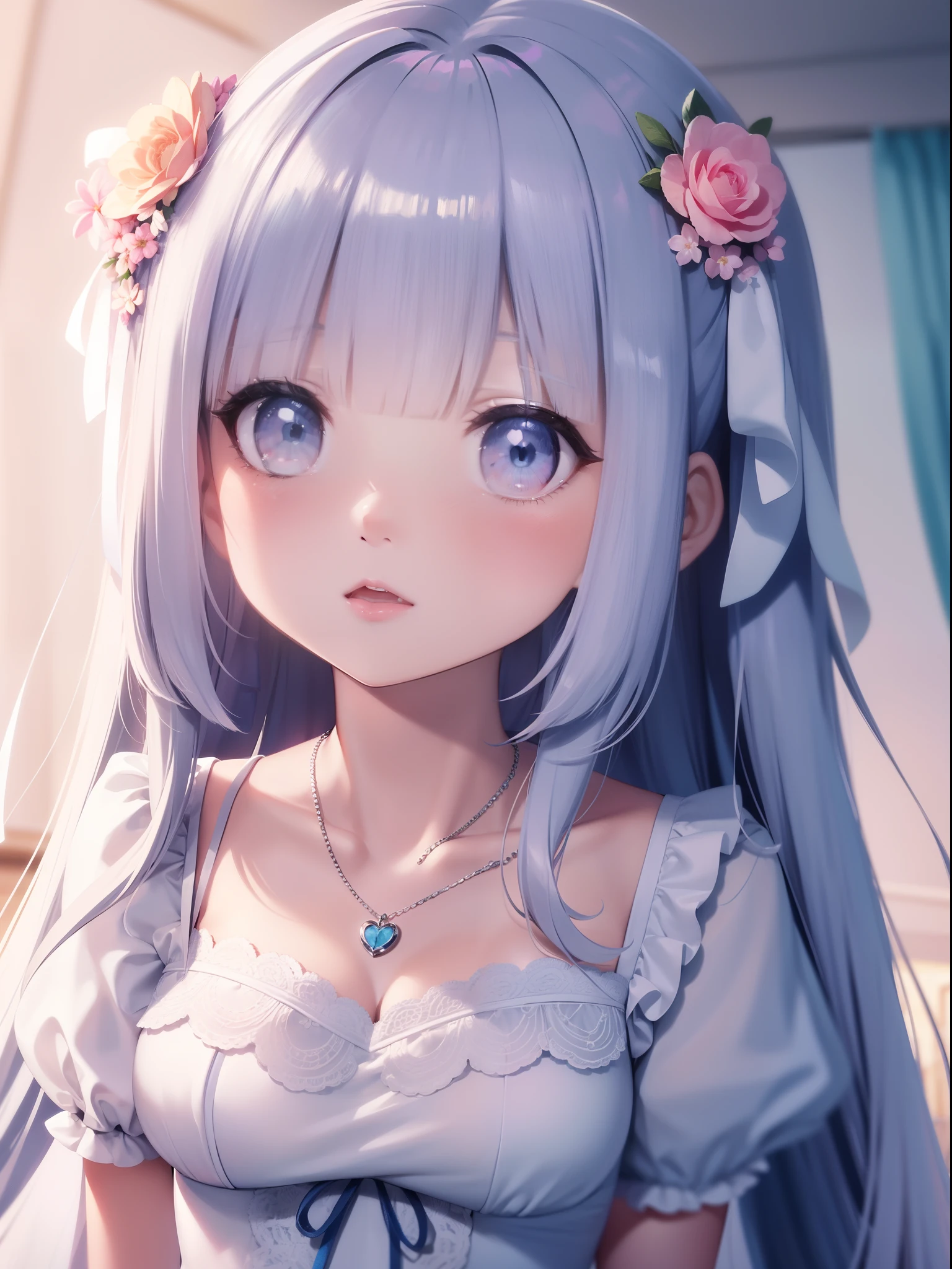 within a park, flowers all around, masterpiece, best quality, ultra-detailed, illustration, 1girl, solo, close-up, ((surprised)), blue_eyes, open_mouth, blush, eyebrows_visible_through_hair, long_hair, hair_ribbon, ribbon, frills, lace, white_dress, cute, soft_shading, watercolor, pastel_colors, flower, petals, bokeh, (big sized heart shaped accessory on hair:1.3), necklace,