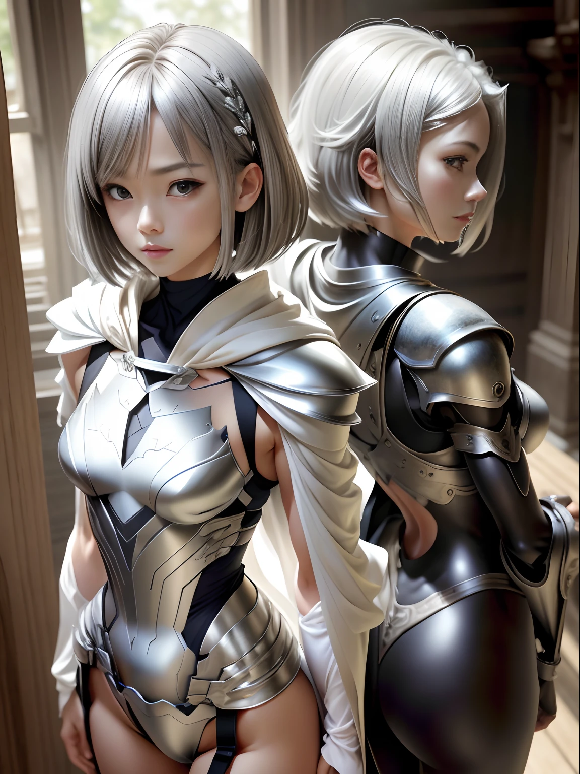 masutepiece、超A high resolution、Powerful images、8K、Beautuful Women、tiny chest、Super slender body、Silver Short Bob、White cloak、Wearing black metallic armor、