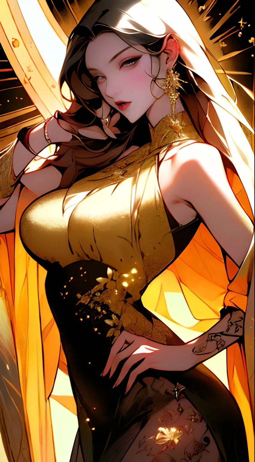 (tmasterpiece,top Quority,best qualtiy,offcial art,Beautiful and aesthetic:1.2),(1girll),Extremely detailed,Colorful,highestdetailed,offcial art,统一 8k 壁纸,ultra - detailed,Beautiful and aesthetic,big breasts beautiful,tmasterpiece,best qualtiy,(zentangle,datura,Tangles,entangled),holy rays,gold foil,Gold leaf art,glitter drawing,PerfectNwsjMajic,delicated face,Elaborate Eyes