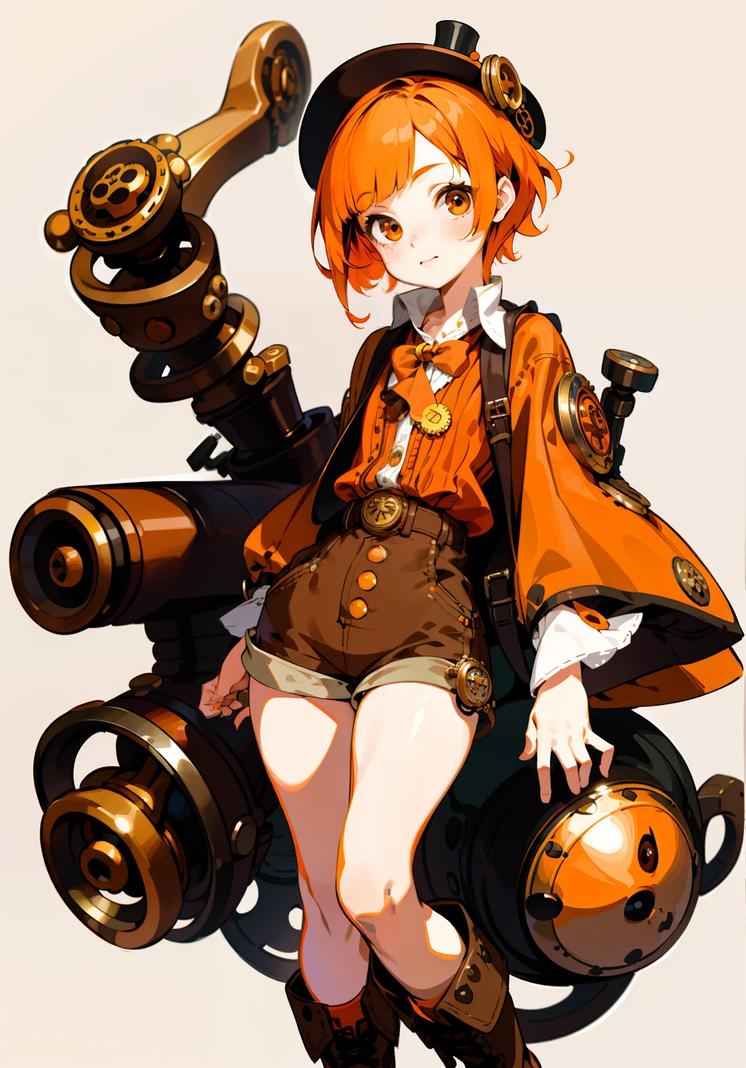 1GIRL, cute girl, finely detailed, (best quality), (intricate details), cute style, li, steampunk style, clockwork style, multicolored, ((short orange hair)), best quality, ((button up shirt and shorts)), ((brown clothes)), ((chunky boots)), ((round eyes)), robotic arm, beautiful face, cute face, pinup, perfect face, simple background portrait