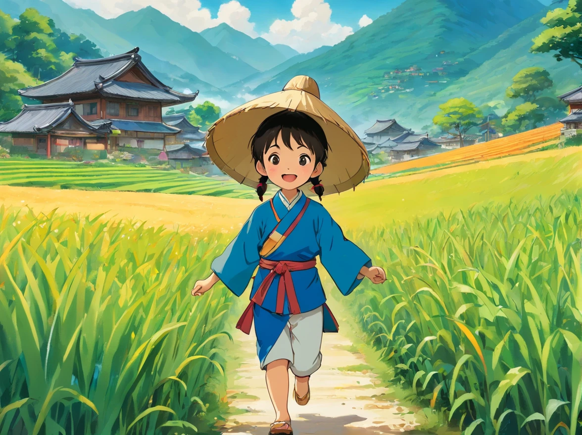 best quality,4k,8k,highres,masterpiece:1.2,ultra-detailed,realistic:1.37,beautiful detailed eyes,beautiful detailed lips,extremely detailed eyes and face,longeyelashes,traditional,Guangxi Zhuang ethnic minority people,tools,flag,frog,happy children,taking tools and flags to the field,wearing blue clothes,a little boy leading the way,walking towards the field,rice fields,green mountains,house,bustling scene,crystal-clear water,lush countryside+farms,fresh air,colorful flags,picturesque landscape,cheerful atmosphere,traditional Zhuang ethnic costumes-embroidered,wide-brimmed hats,traditional patterns,dancing with joy,beautiful natural scenery,community involvement,happiness with family and friends,excitement and anticipation,tidying up,decorated hats,jumping and playing in the field,nature adventure,love of nature,harvest season,peaceful countryside scene,traditional ethnic culture,traditional village