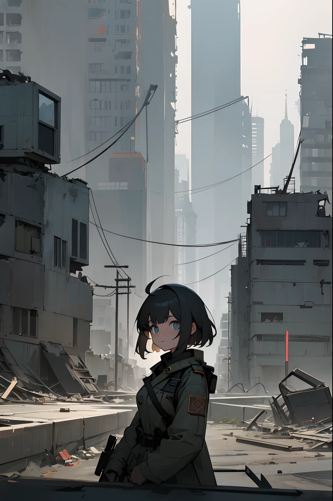 Vector illustration set in post-apocalyptic cityscape, Where advanced material civilization collapsed into ruins. In the devastation, Cute girl in military uniform roams the street in Kettenkrad, Explore the remnants of a once-prosperous metropolis. The atmosphere is a mixture of melancholy and hope, The girl's psyche contrasts with the desolate environment.