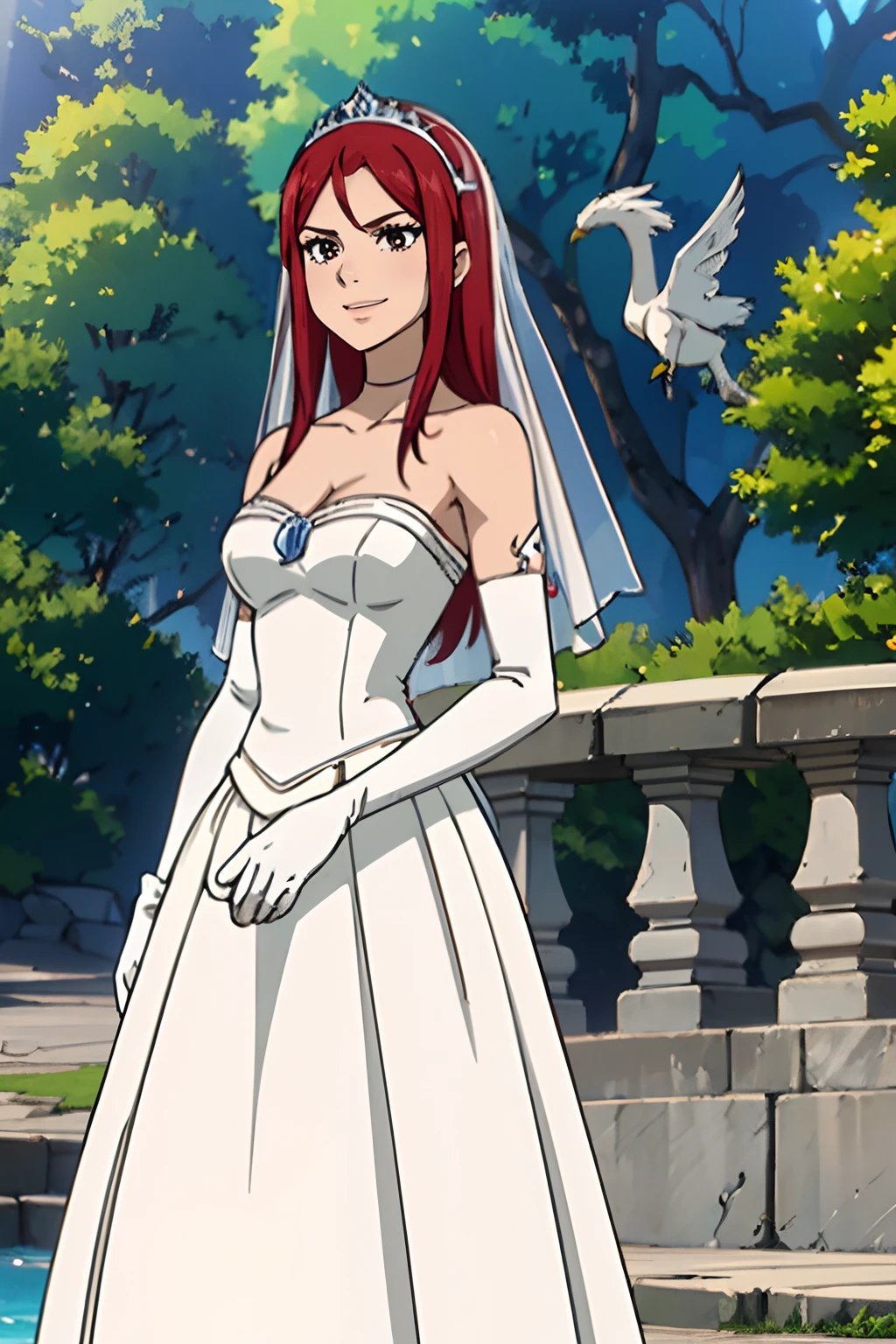 hair between eyes, ahoge, brown eyes,red hair, star \(symbol\), hair ornament, dress, cleavage, bare shoulders, collarbone, long white elbow gloves, white gloves, white dress, white choker, strapless, tiara, veil, strapless dress, wedding dress, bridal veil, beautiful woman, perfect body, perfect breasts, wearing a wedding dress, ball gown, in the park trees, wedding decorations, a in love smile, realism, masterpiece, textured skin, super detail, high detail, high quality, best quality, 1080p, 16k