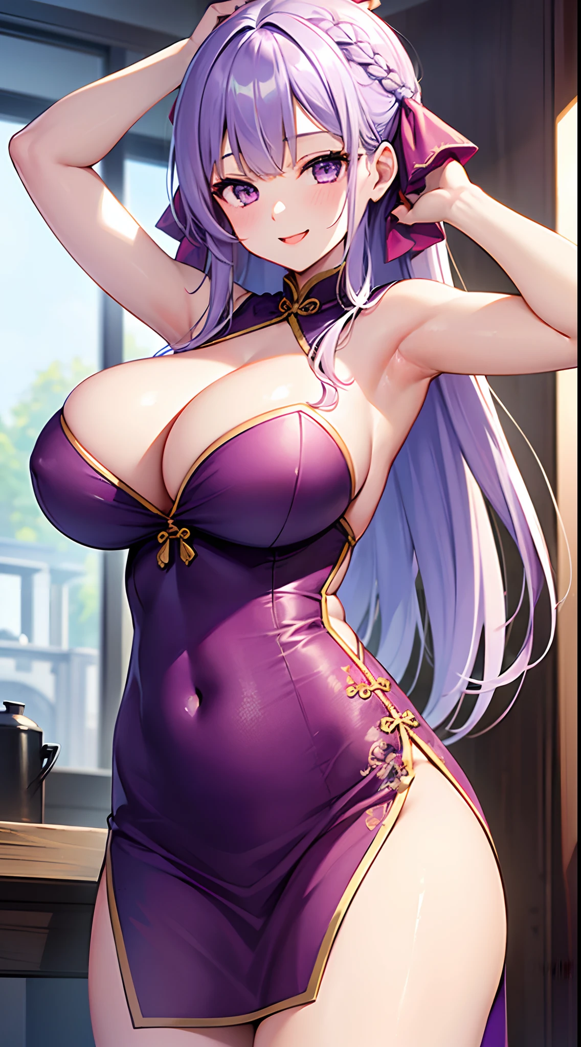 1 girl, game CG, topless short purple cheongsam, cleavage visible, hair ribbon, gigantic breasts, light purple hair, long hair, french braid, purple eyes, smile, arms up,