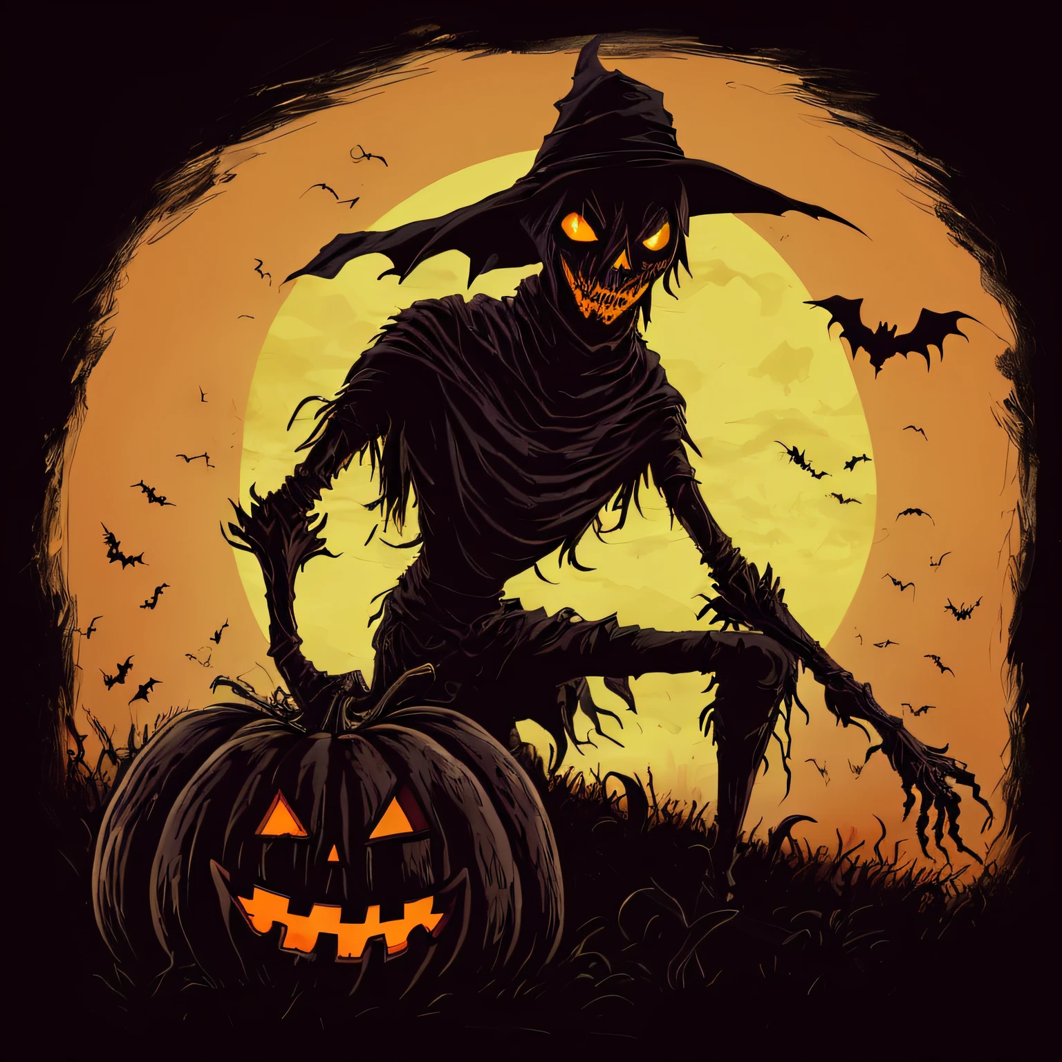Alafeld scares with pumpkins and crows in the field, the scarecrow, the scarecrow, powerful male scarecrow, the reaper as a scary, halloween art style, scary detailed art in color, nightmarish illustrations, spooky halloween night, reaper of night!!!!, Colorful horror art, Pumpkin head, shinigami, Halloween, Night of horrors, shinigami
