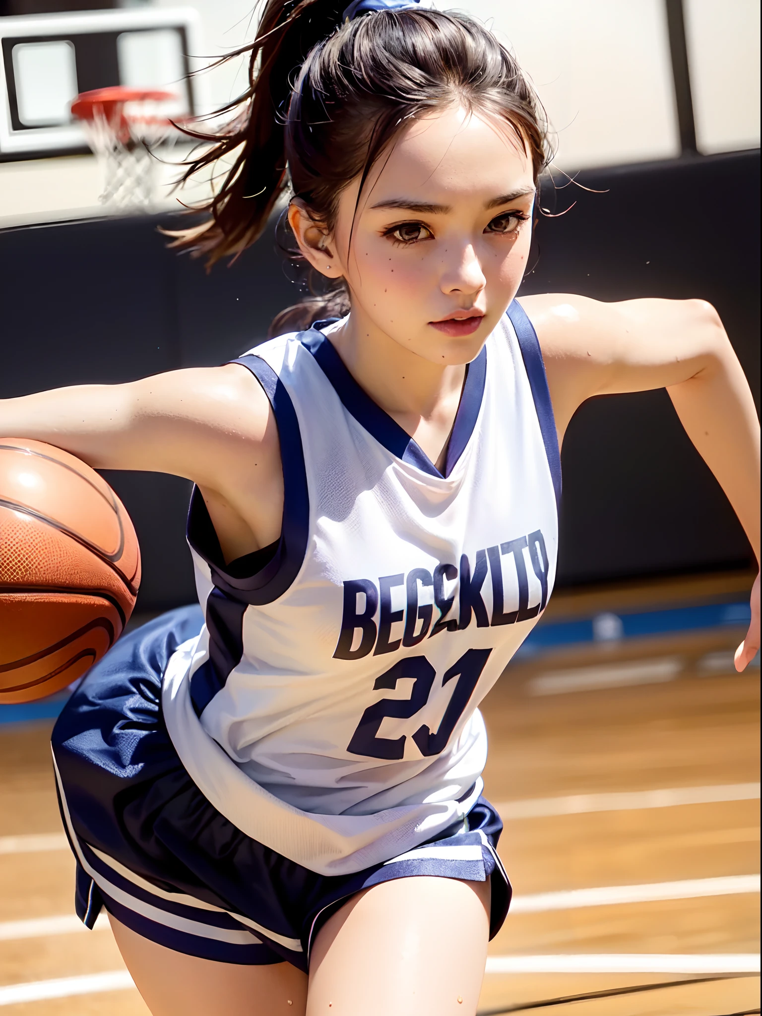 (Background during a basketball game),Asian woman in basketball uniform, wearing basketball jersey, (Photorealsitic:1.2),  (Anatomically correct), (Reflecting the whole body), (longshot),A smile,half-pants, closeup portrait shot, Refreshing young Japan woman, Cute gravure idol, full-body xianxia, nffsw, masutepiece, awardwinning, 8K, Best Quality, assist々Kiki, Kana Hashimoto, Mai Shiraishi, Nishino Nanase, Mayu Watanabe, Yuki Yoda, assist々xylophone, awardwinning, nffsw, masutepiece, Anatomically correct, At 8K,perfect-composition,Photographed by a professional photographer