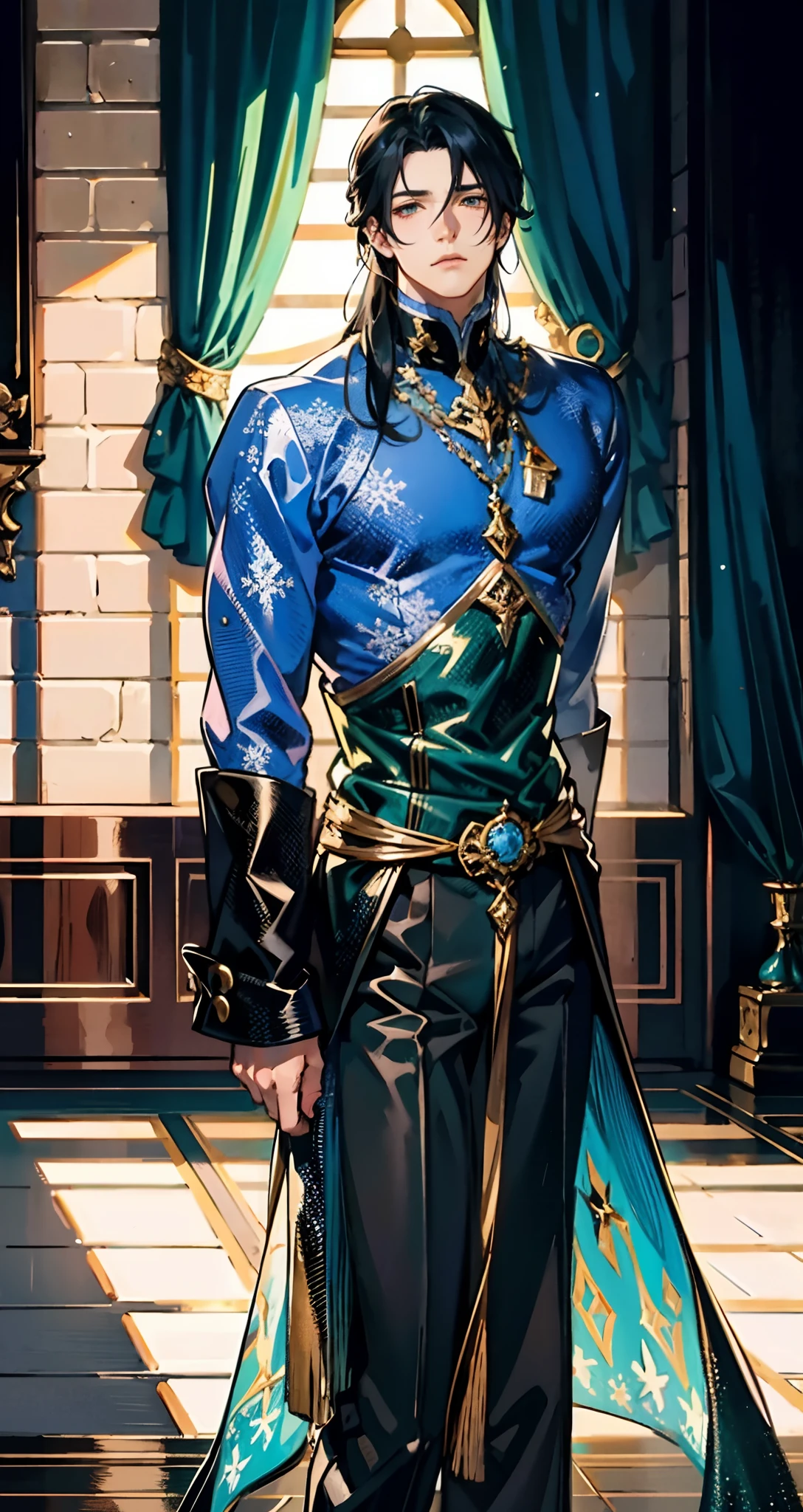 A young man with indigo long hair, long and straight hairstyle, looks up, a gentle expression, a tender gaze, a two-piece fantasy-realism style outfit, knitted shirt over a dark fitted undershirt, belted at the waist, long flowing hemline, matching trousers, the background shows a medieval fantasy-style street with snowflakes falling, this character embodies a finely crafted fantasy-realism in anime style, characterized by an exquisite and mature manga illustration art style, high definition, best quality, highres, ultra-detailed, ultra-fine painting, extremely delicate, professional, anatomically correct, symmetrical face, extremely detailed eyes and face, high quality eyes, creativity, RAW photo, UHD, 8k, Natural light, cinematic lighting, masterpiece-anatomy-perfect, masterpiece:1.5
