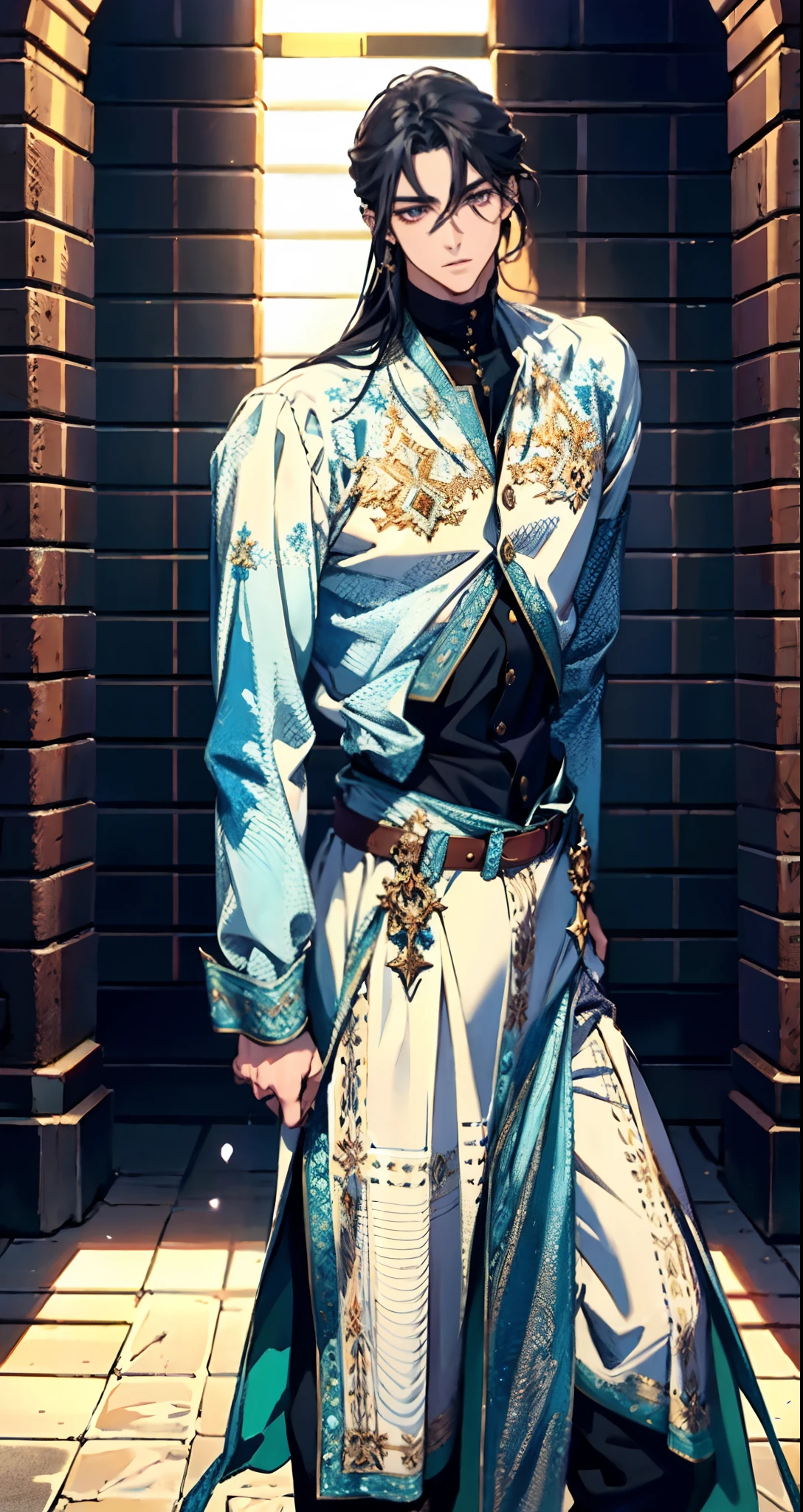 A young man with indigo long hair, long and straight hairstyle, looks up, a gentle expression, a tender gaze, a two-piece fantasy-realism style outfit, knitted shirt over a dark fitted undershirt, belted at the waist, long flowing hemline, matching trousers, the background shows a medieval fantasy-style street with snowflakes falling, this character embodies a finely crafted fantasy-realism in anime style, characterized by an exquisite and mature manga illustration art style, high definition, best quality, highres, ultra-detailed, ultra-fine painting, extremely delicate, professional, anatomically correct, symmetrical face, extremely detailed eyes and face, high quality eyes, creativity, RAW photo, UHD, 8k, Natural light, cinematic lighting, masterpiece-anatomy-perfect, masterpiece:1.5
