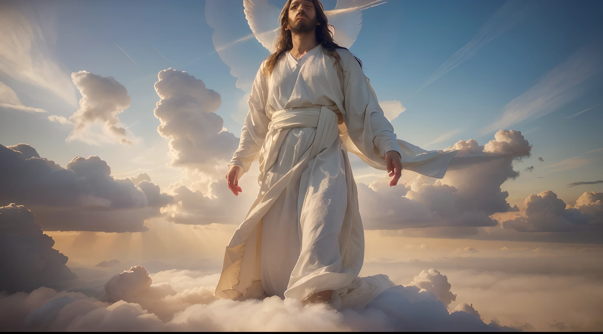 (best quality,4k,8k,highres,masterpiece:1.2),ultra-detailed,(realistic,photorealistic,photo-realistic:1.37),Jesus Christ in the clouds,religious,divine,heavenly,ethereal,artistic,nocturnal,serene,sacred,holy,hopeful,majestic,glowing,humble,spiritual,divinity,faithful,cosmic,transcendent,peaceful,calm,uplifting,vibrant colors,soft light,gentle brushstrokes,central figure,praying hands,halo,angelic presence,divine radiance,celestial atmosphere,surreal,awe-inspiring,eternal,divine intervention,healing,powerful,inspiring,sublime,heavenly beings,celestial sky,harmony,divine connection,mysterious,forgiveness,awakening,serenity.