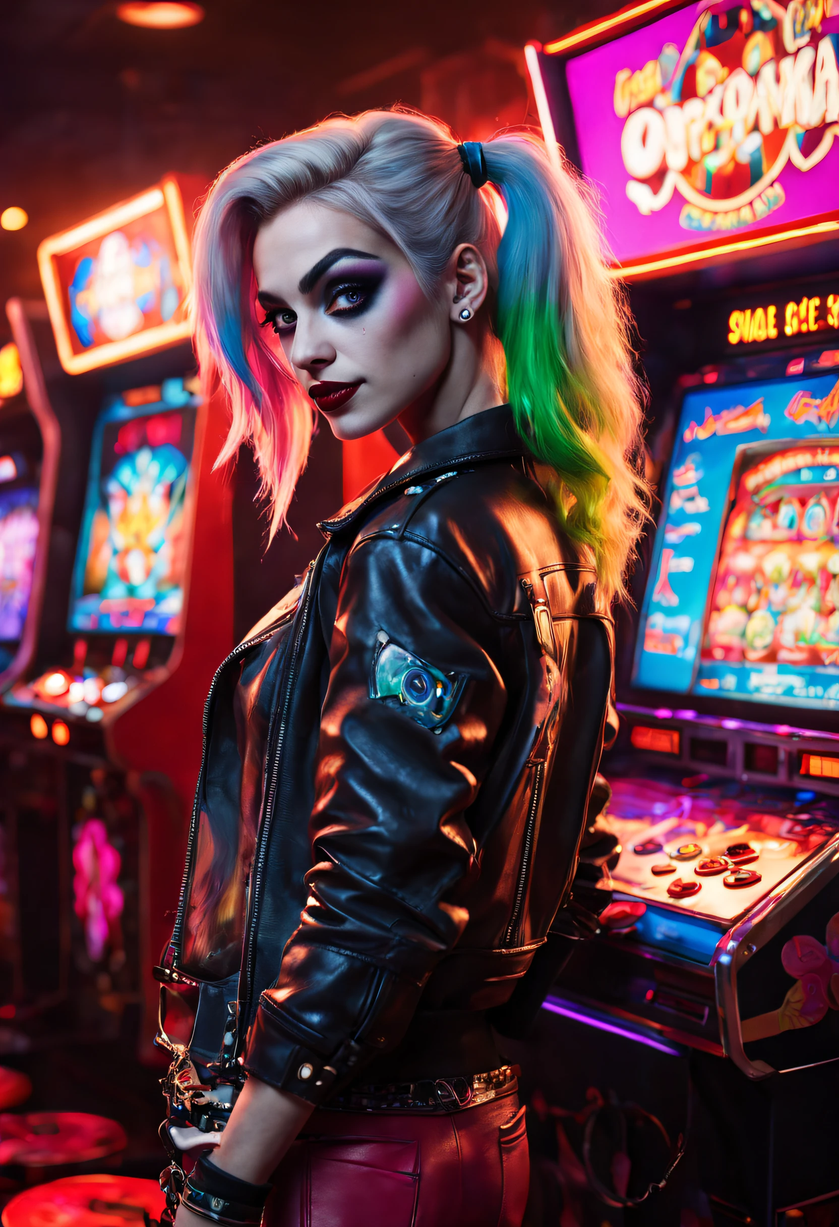 (Ultra-detailed,Realistic,Photorealistic:1.37), Energetic 80shair。。。。。, Harley Quinn plays arcade games at a dimly lit Las Vegas casino, Punk fashion, Neon lights, retro aesthetic, a vibrant atmosphere, graffiti-covered walls, Colorful arcade game consoles, glowing screen, energetic music, Arcade tokens, dynamicposes, Fashion in the style of the 80s, Leather jacket, Hair dyed in bright colors, Rebellious expression, Confident demeanor,Serious about playing video games