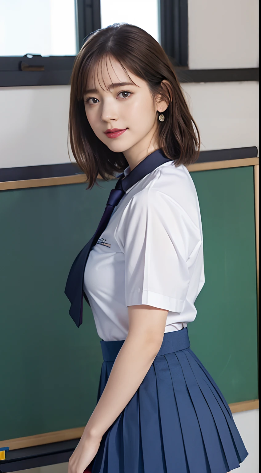 (Breast enlargement), (masterpiece, Highest quality:1.2), 8K, Young and beautiful girl, 85mm,Official AR RAW Photos, (), ((Small face)), ((Super big breasts)), Detailed nipples, ((Platinum Short Hair)), ((curl bob hair)), Show me your ears、photo shoot, Cute face, Thighs, Classroom after school, Looking at the audience, Embarrassing、smile、No makeup, Film Grain, chromatic aberration, Sharp focus, Face Light, Bright lighting, 10 generations, Detailed face, Background blur、((((((14 year oool girl))))))、Narrow waist、 uniform、Dark blue mini skirt, White tiny panties