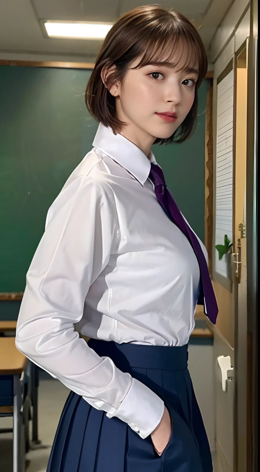 face is :9,1714884241],Elegant upper class elite, , (Wear pantyhose)、(Short Layer Hair、Hidden big)、, Wear high-end heels、 (thighhighs and skirt), Raw photo, (8K、top-quality、tmasterpiece:1.2)、(intricate detailes:1.4)、(Photorealsitic:1.4)、octane renderings、Complex 3D rendering ultra detail, Studio Soft Light, Rim Lights, vibrant detail, super detailing, realistic skin textures, Detal Face, Beautiful detail eyes, Very detailed CG Unity 16k wallpaper, Makeup - Makeup, (detailedbackground:1.2), Naked on the thighs!!!,((Button shirt with collar、neck tie、Short pleated skirt、Colossal tits:1.6、hi-school girl、‎Classroom、chalk board))、Blue sky outside the window