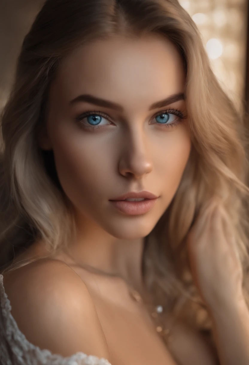 Arafed woman in full , Sexy girl with blue eyes, ultra realistis, Meticulous detail, portrait sophie mudd, blonde hair and large eyes, selfie of a young woman, bedroom eyes, violet myers, no makeup, natural makeup, looking straight at camera, face with artgram, fine makeup, Stunning full-length shot, kneeling on the bed, in bedroom, large size bust, in a club