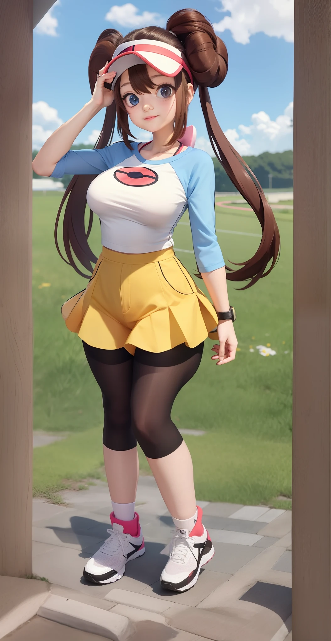 Rosa, teenage,child,((((kawaii)))), Brown Hair, Double Bang, doughnut Hair Bun, Hair Bun, blue eyes, Hair between the eyes, Twin tails, Large Breasts, Open your mouth, break pantyhose, (Pantyhose under shorts), Raglan sleeves, skirt, (yellow skirt), White shirt, Blue Sleeve, Long sleeve, Visor Cap, break looking at viewer, Upper Body, whole body, break outdoors, break (masterpiece:1.2), Highest quality, High resolution, unity 8k wallpaper, (shape:0.8), (Beautiful attention to detail:1.6), Highly detailed face, Perfect lighting, Highly detailed CG, (Perfect hands, Perfect Anatomy),Pussy Line,(From below),((Grin))、vapor、((1 person))、(((Vein Penis)))、(( Standing footjob)) 、Bedroom Background、((foot on penis)),