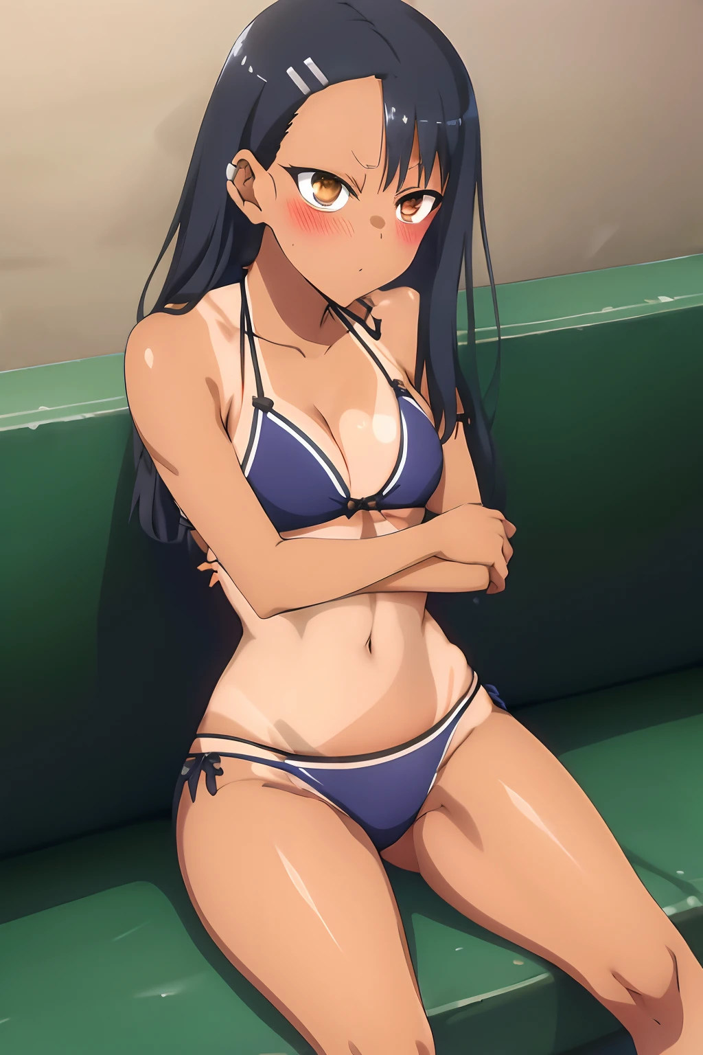1girl, (solo), small breast, masterpiece, professional artwork, famous artwork, perfect face,nagatoro hayase, brown eyes, hairclip, black hair, cowboy shot, black hair, beautiful face, intense look, ((perfect female body, narrow waist)), background classroom,((tan lines)), looking at viewer, (((bikini))), ((sitting)), green couch, (close up), cleavage, ((bare legs)), wide hips