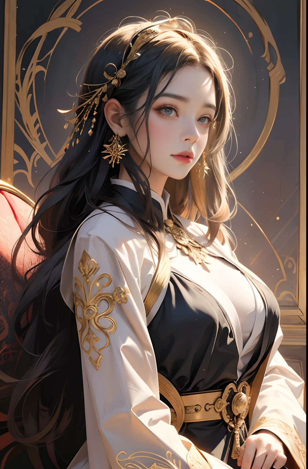 (tmasterpiece,top Quority,best qualtiy,offcial art,Beautiful and aesthetic:1.2),(1girl),Extremely detailed,Colorful,highestdetailed,offcial art,统一 8k 壁纸,ultra - detailed,Beautiful and aesthetic,big breasts beautiful,tmasterpiece,best qualtiy,(zentangle,datura,Tangles,entangled),holy rays,gold foil,Gold leaf art,glitter drawing,PerfectNwsjMajic,delicated face,Elaborate Eyes