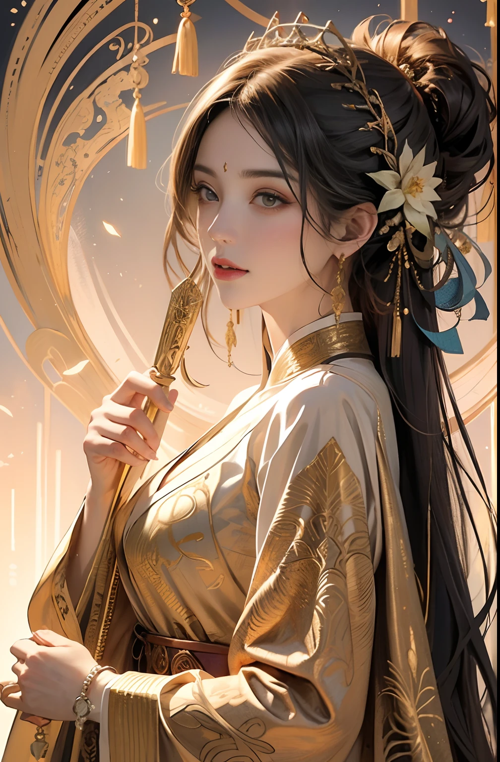 （tmasterpiece，top Quority，best qualtiy，offcial art，Beautiful and aesthetic：1.2），（1girl），Extremely detailed，Colorful，highestdetailed，offcial art，统一 8k 壁纸，ultra - detailed，Beautiful and aesthetic，big breasts beautiful，tmasterpiece，best qualtiy，（zentangle，datura，Tangles，entangled），holy rays，gold foil，Gold leaf art，glitter drawing，PerfectNwsjMajic，delicated face，Elaborate Eyes