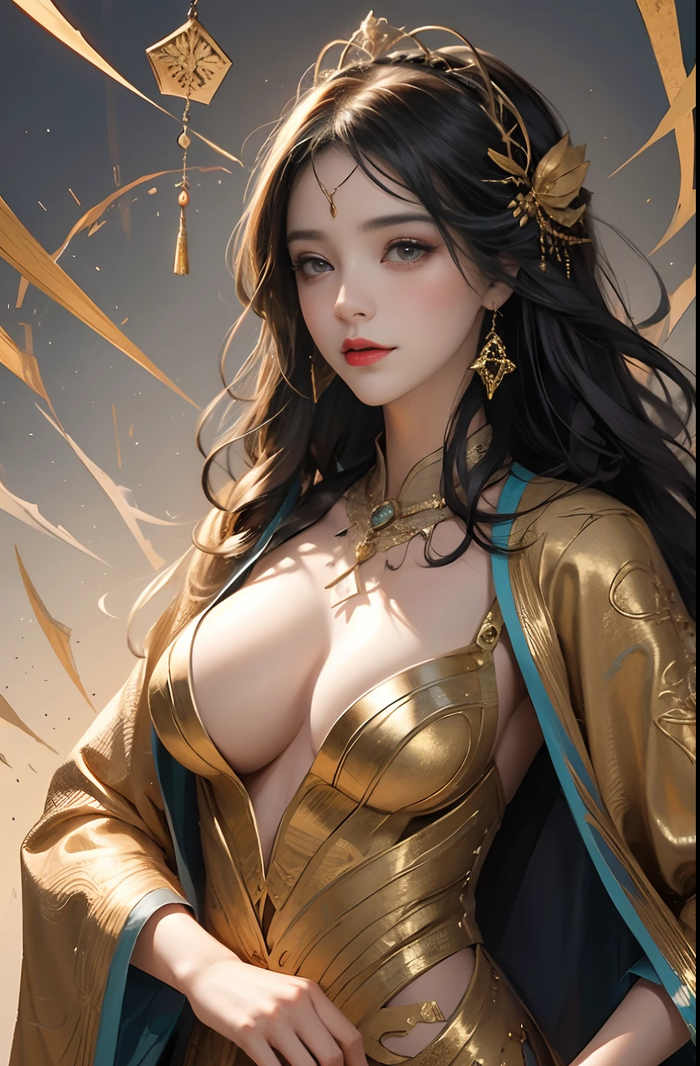 （tmasterpiece，top Quority，best qualtiy，offcial art，Beautiful and aesthetic：1.2），（1girl），Extremely detailed，Colorful，highestdetailed，offcial art，统一 8k 壁纸，ultra - detailed，Beautiful and aesthetic，big breasts beautiful，tmasterpiece，best qualtiy，（zentangle，datura，Tangles，entangled），holy rays，gold foil，Gold leaf art，glitter drawing，PerfectNwsjMajic，delicated face，Elaborate Eyes