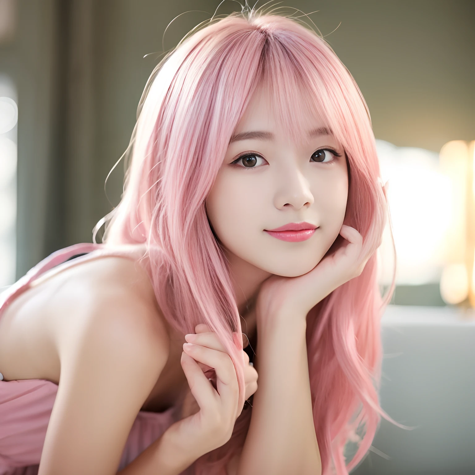 light pink hair, Pink eyes, Bob to shoulder, smaller face,, Beauty, Girly, A heart in the eye,Shy、Hands on cheeks