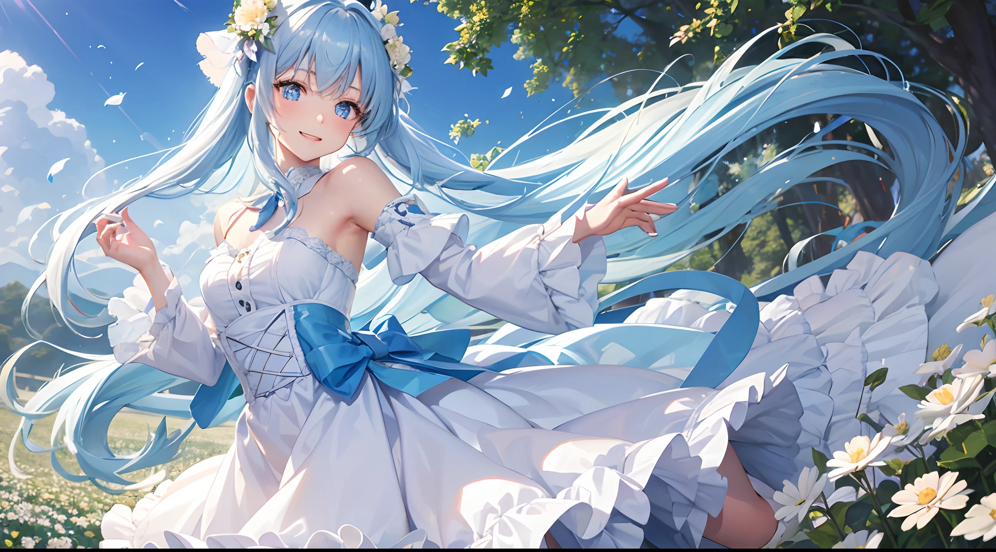 Best Quality, tmasterpiece, Cute girl at 18 years old, long light blue shiny hair, e Blue Eyes, flower  field,Dynamism,dance, Gentle face,kindly smile, Wearing a floral long-sleeved ruffled blouse, Show your upper body, Shining sunlight,