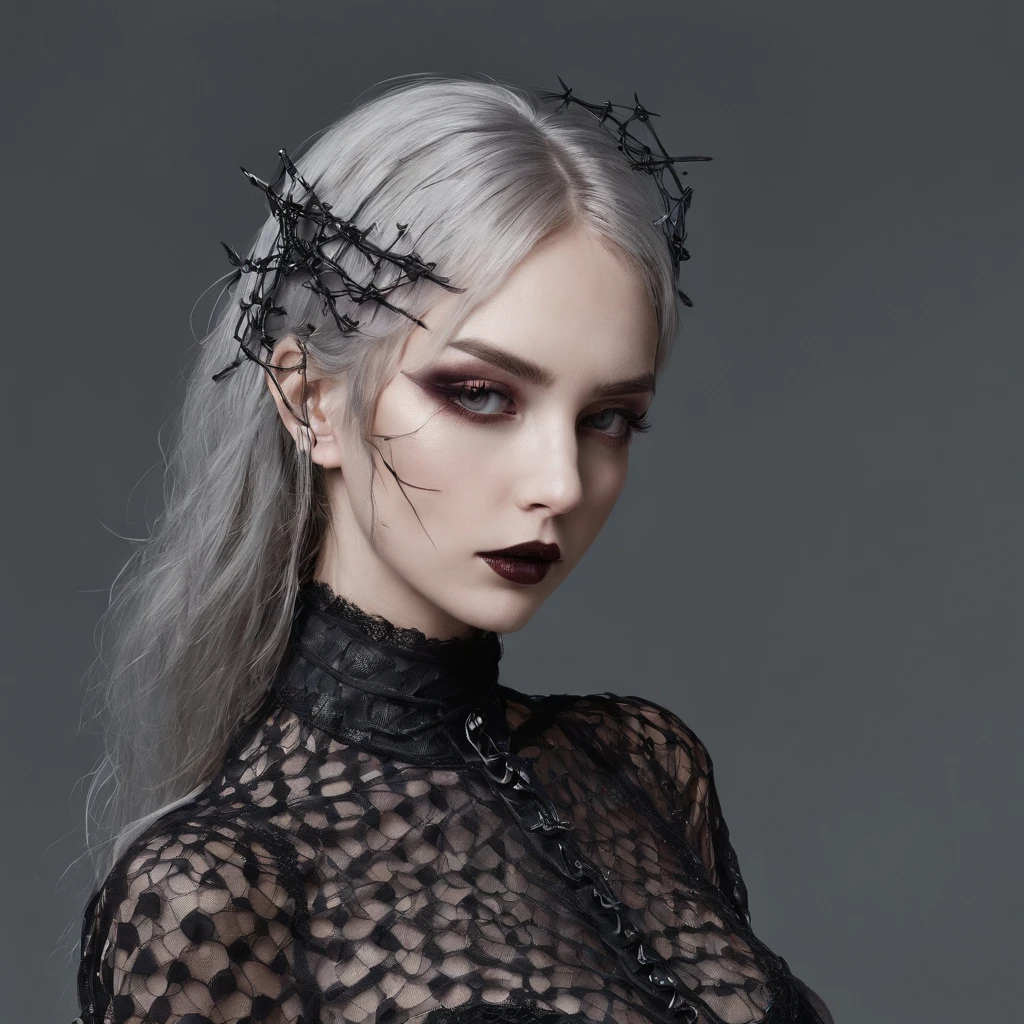 Girl with gothic net symbolic clothes, 。.com (Barbed wire of the body) brunette color hair,Gray hair ends